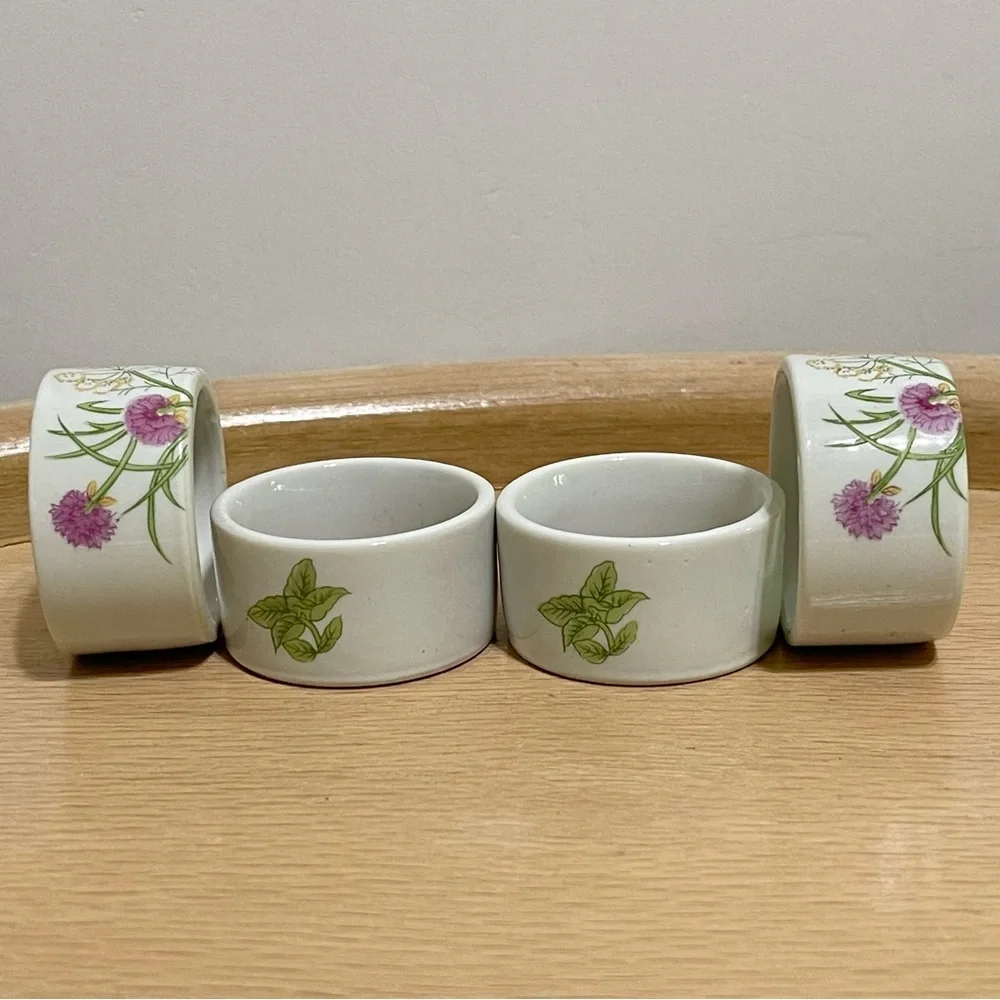 Vintage Herbs & Spices by Shafford Japan Porcelain Floral Napkin Rings Set of 4